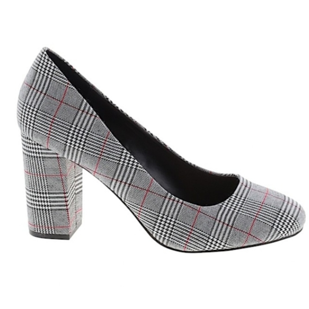 Plaid Block Heel Pumps